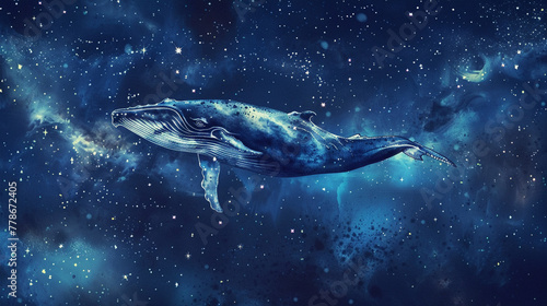 Majestic whale swimming amongst stars, set against the backdrop of a dark night sky, created with watercolor hand painting for a dreamy effect. photo