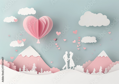 Happy Valentine's Day concept with pink heart balloons and a couple holding hands flying in the sky in the style of paper cut