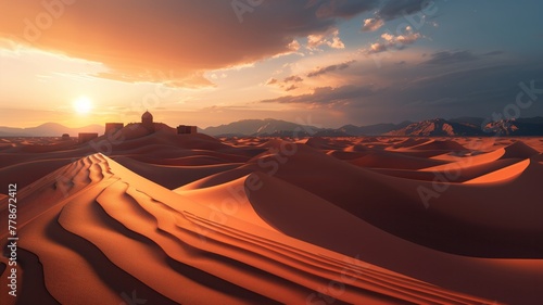 Sunset over the sand dunes in the desert  sun  landscape  Generative Ai