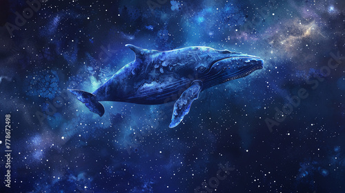 Majestic whale swimming amongst stars  set against the backdrop of a dark night sky  created with watercolor hand painting for a dreamy effect.