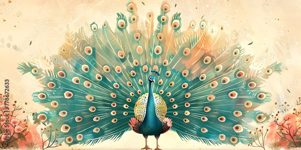 A Regal Peacock Displaying Its Splendid Feathers a Natural Spectacle of Beauty and Courtship - obrazy, fototapety, plakaty 