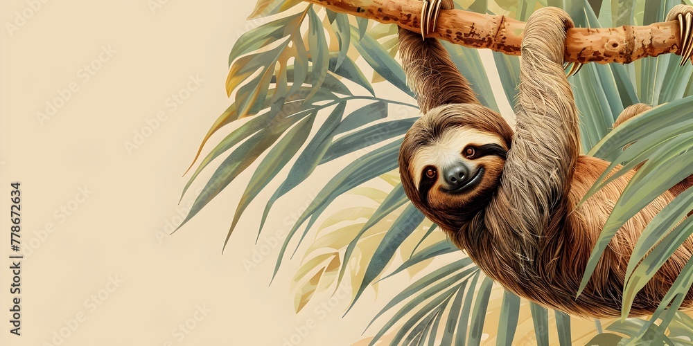 Fototapeta premium Sleepy Sloth Hanging Peacefully from Lush Forest Branch Endearing Wildlife Scene