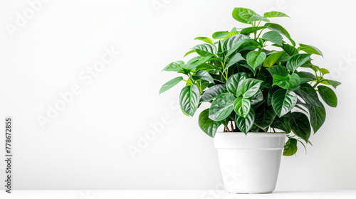 Houseplant ficus in a white pot on a white background, copy space.