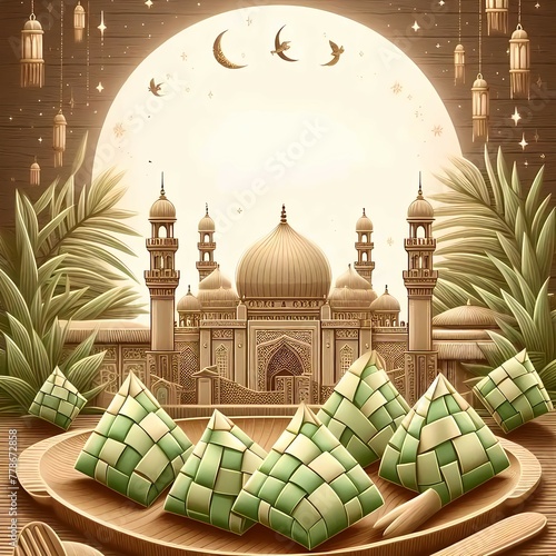 Mosque ilustration and ketupat tradisional food when eid Mubarak  photo