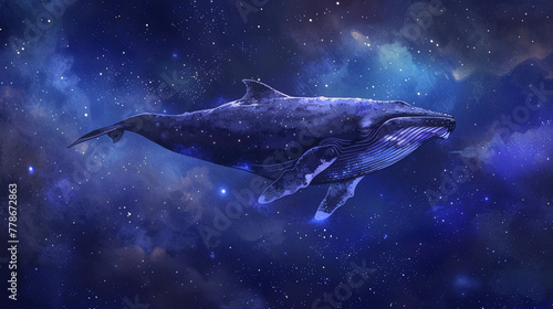 Whale navigating through the heavens, surrounded by twinkling stars in a hand-painted watercolor style, set against a night sky background. © arhendrix