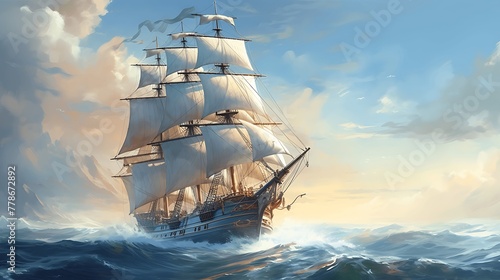 Sailing ship in stormy sea with sunset backdrop. generative ai