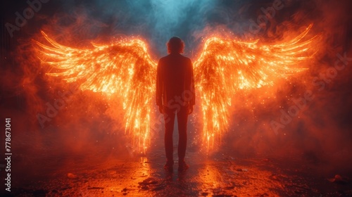 a man standing in the middle of a dark room with a large fire angel wings on his back and his hands in his pockets.