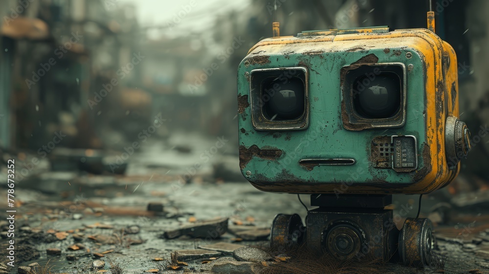 a blue and yellow robot sitting on top of a puddle of water in the middle of a dirty city street. a blue and yellow robot sitting on top of a puddle of water in the middle of a dirty city street.
