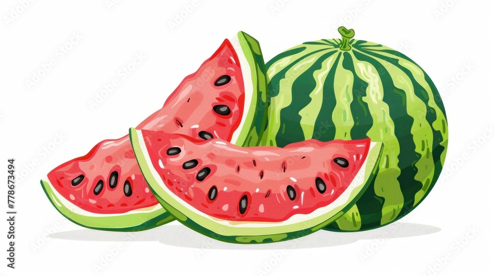 Illustration of watermelon and its juicy slices. Fresh and vibrant fruit. Illustration of watermelon and its juicy slices. Fresh and vibrant fruit.