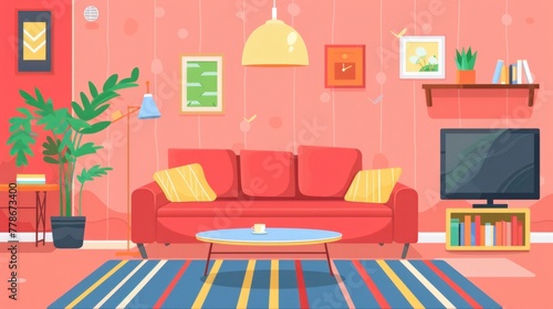 Cute Kawaii Living Room Illustration. A modern living space designed with adorable elements © Postproduction