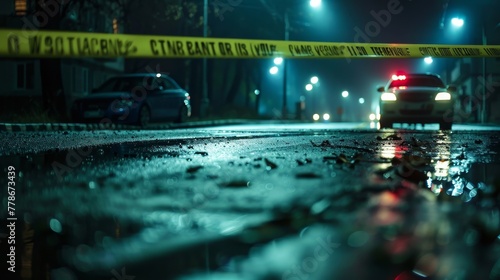 Crime scene with secure tape and police car in night,