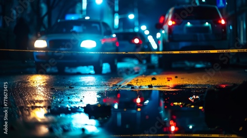 Crime scene with secure tape and police car in night, © JH45