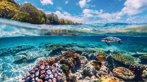 you can see the underwater world with a horizon line dividing the water surface and the sky. locations with incredible natural underwater world for snorkeling and diving for island tourists photo