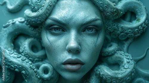 a close up of a woman with blue eyes and octopus tentacles on her head and her face is partially submerged in water. photo