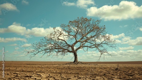 A single tree with a smattering of leaves stands on cracked, arid farmland under a blue sky with fluffy clouds. photo