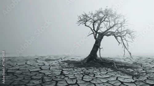The stark silhouette of a lone tree emerges from the mist  rooted in a land with deeply cracked soil  evoking a quiet desolation.