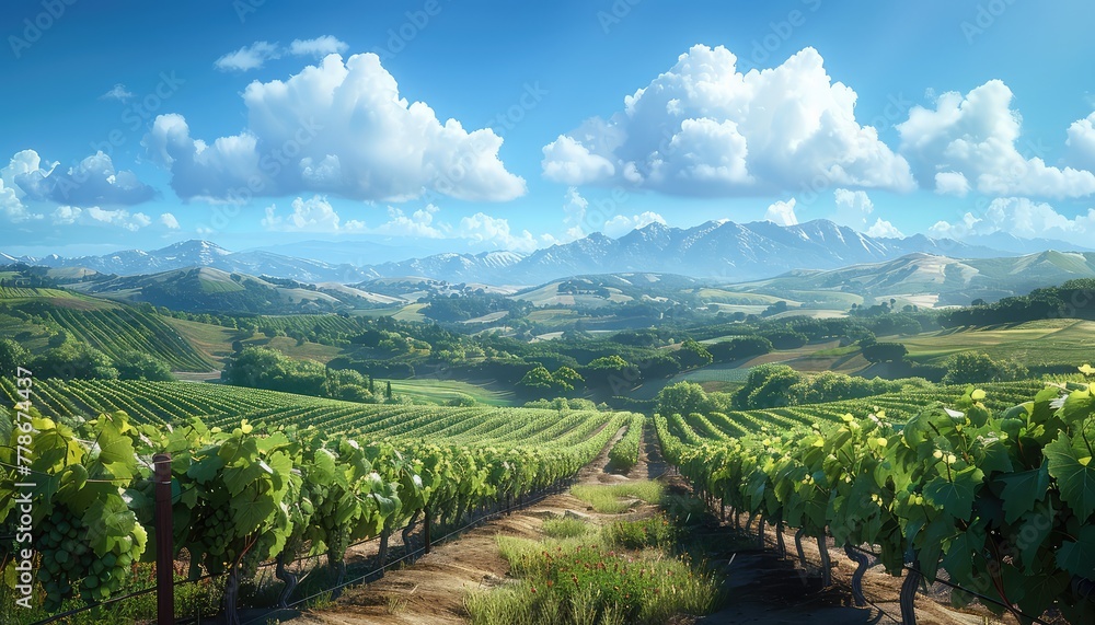 Vineyard Vista, Rows of grapevines stretching across rolling hills, showcasing the beauty and bounty of wine country