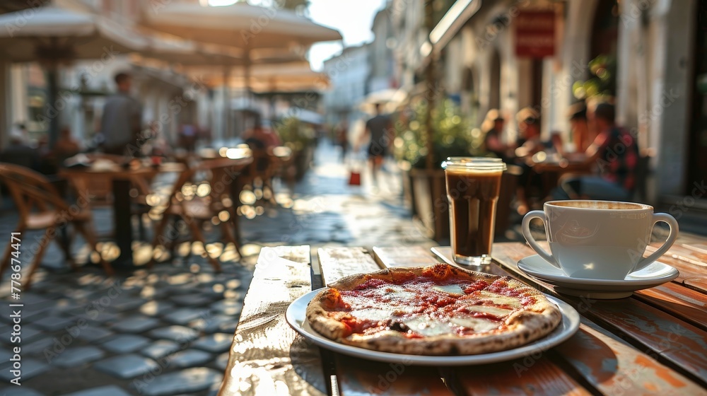 Cup of coffee and slices of pizza on wooden table at outdoor cafe 