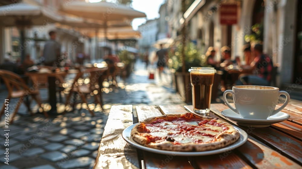Cup of coffee and slices of pizza on wooden table at outdoor cafe Cup of coffee and slices of pizza on wooden table at outdoor cafe