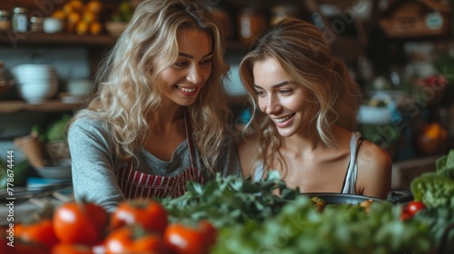 two beautiful young women standing next to each other in front of a counter full of fresh fruits and veggies.