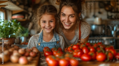 a woman and a young girl standing in front of a counter full of tomatoes and onions  smiling at the camera.