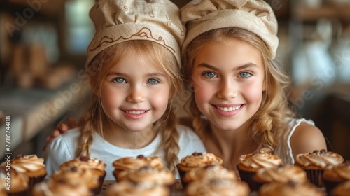 a couple of young girls standing next to each other in front of a table of cupcakes and muffins.