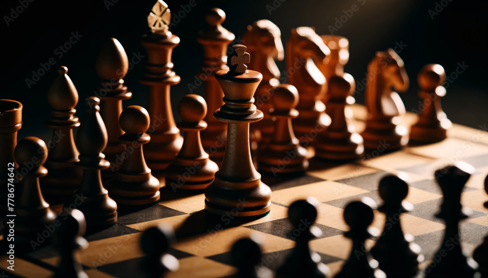 A wooden chess board during a game, showcasing a variety of chess pieces, including pawns, knights, bishops, a rook, a queen, and a king A wooden chess board during a game, showcasing a variety of chess pieces, including pawns, knights, bishops, a rook, a queen, and a king