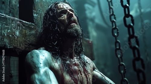 a man with blood all over his face and body sitting on a wooden cross in a chain - link area.