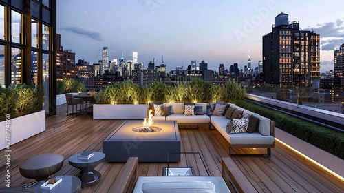 a sleek, minimalist rooftop terrace with modern outdoor furniture, a fire pit, and skyline views.