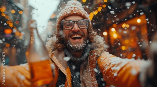 a man with glasses and a beard smiles while standing in the snow with his arms in the air in front of him.