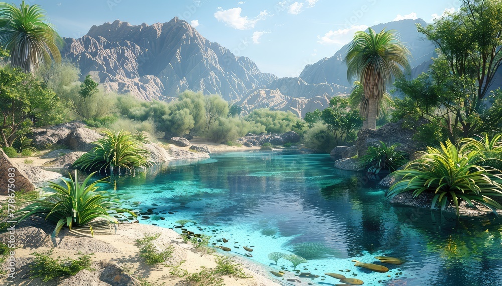 Oasis in the Desert, Lush vegetation surrounding a tranquil pool of water in the midst of a desert landscape, symbolizing hope and resilience in harsh environments