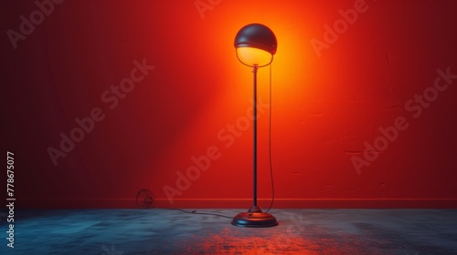 a floor lamp sitting on top of a floor in front of a red wall with a light on top of it. © Mikus