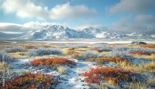 Arctic Tundra, Barren expanses of frozen tundra with patches of colorful tundra flora, illustrating the harsh yet beautiful Arctic ecosystem photo