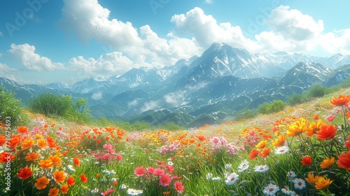 a painting of a field of flowers in front of a mountain range with a blue sky and clouds in the background.