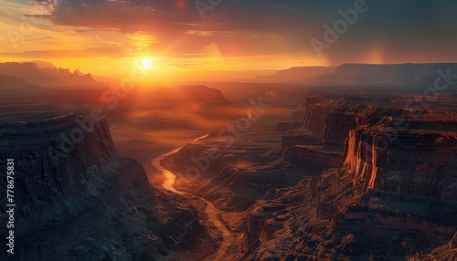 Canyon Sunrise, Warm light illuminating the depths of a canyon as the sun rises, showcasing the intricate layers and textures of the landscape