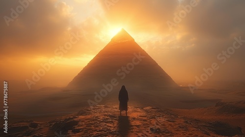 a person standing in front of a large pyramid in the middle of a desert with the sun shining through the clouds.