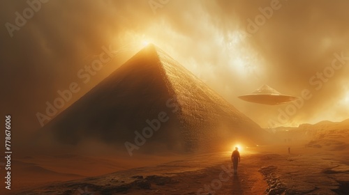 a man standing in front of a pyramid in the desert with a flying saucer in the sky above him.