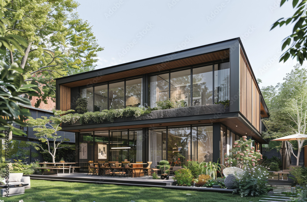 Modern twostory house with black exterior walls, large windows and wooden accents, surrounded by lush greenery