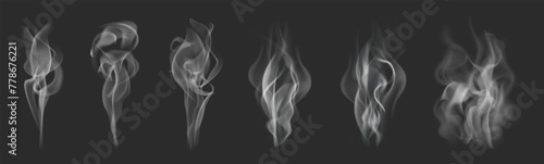 Realistic transparent smoke effect or fire steam pattern in white and gray color on black background. Cigarette or chimney smoke art. Vector weather element. Misty fog, fume wave or cloud silhouette.