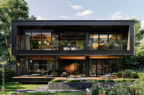 Modern twostory house with black exterior walls, large windows and wooden accents, surrounded by lush greenery