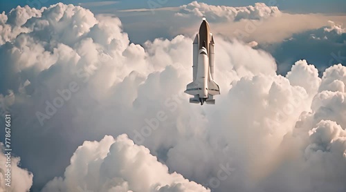 Space Shuttle rocket flying over the clouds. Spaceship begins the mission. Space shuttle taking off on a mission photo