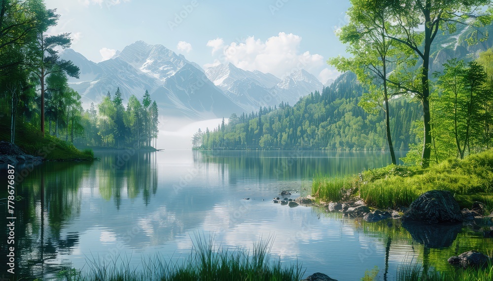 Serenity by the Lake, A peaceful lakeside scene with calm waters reflecting surrounding trees and mountains, perfect for promoting relaxation and mindfulness