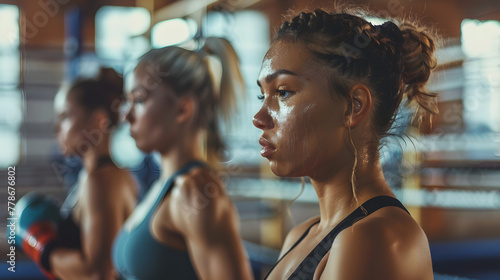 A group of young female athletes posing in a studio, donning fitness attire and showing their passion for exercising and a healthy way of living.