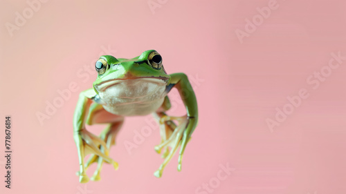 green frog jumping up in the air on the pastel background Generative AI
