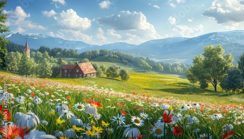 Idyllic Countryside, Quaint farmhouses nestled among rolling hills and fields of flowers, depicting the charm and simplicity of rural life