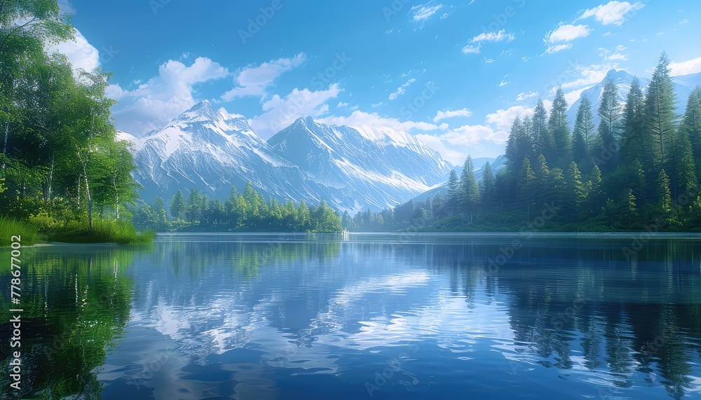 Serenity by the Lake, A peaceful lakeside scene with calm waters reflecting surrounding trees and mountains, perfect for promoting relaxation and mindfulness