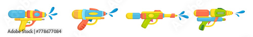 Vector plastic children's toy water gun icons set isolated on white background. Multi-colored cartoon summer pistols collection. Songkran festival traditional game illustration