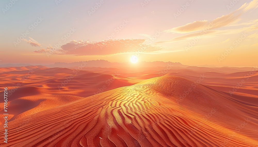 Desert Dunes at Dusk, Dramatic shadows cast across rolling sand dunes as the sun sets, capturing the mystery and vastness of the desert landscape