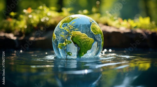 Earth replica made of water representing conservation and protection of nature photo