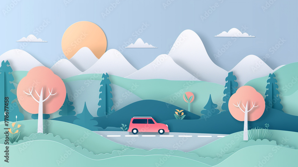 Beautiful journey road trip with car in spring and paper cut style natural pastel color scheme background. Beautiful journey road trip with car in spring and paper cut style natural pastel color scheme background.